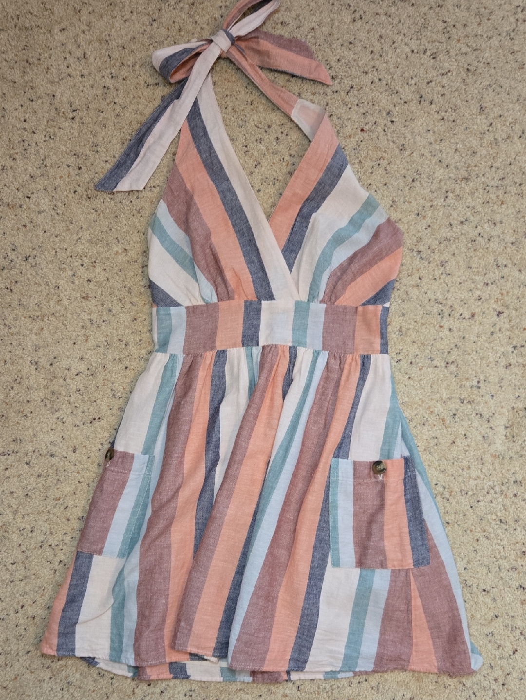 Ae Striped Halter Sundress In Pastel Multi Stripes Linen Apron Dress Pockets
